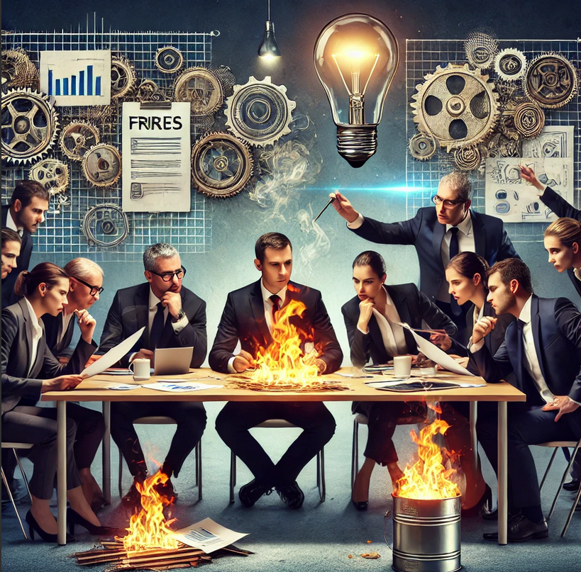 Image 2: Un groupe de dirigeants d'entreprise focalisés sur des incendies symboliques, tandis que des idées innovantes passent inaperçues en arrière-plan
