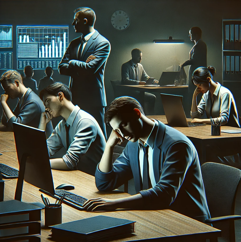 Image 6: Un bureau sombre où les employés semblent fatigués et démotivés, tandis qu'un dirigeant ignore leurs besoins, absorbé par des tâches urgentes, dans un style réaliste avec des couleurs sombres