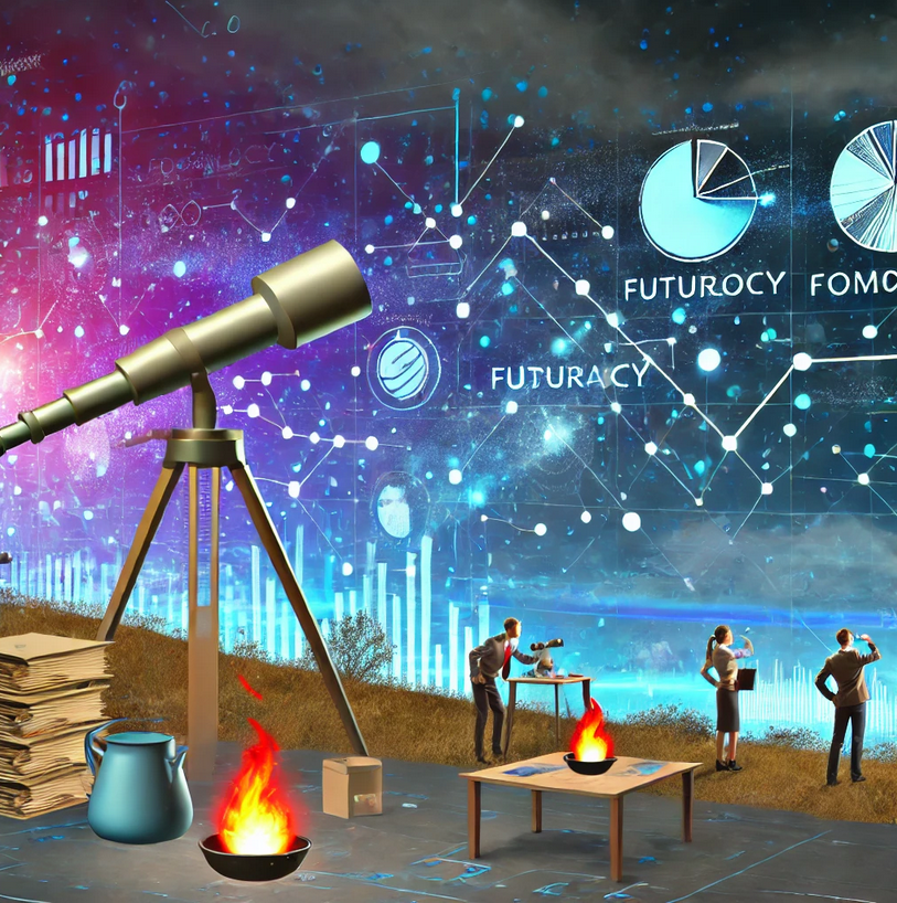 Image 8: une entreprise équipée de télescopes et de cartes futuristes, regardant loin dans l'horizon pour anticiper les tendances, en contraste avec d'autres entreprises qui se contentent de résoudre des problèmes immédiats, dans un style futuriste et inspirant