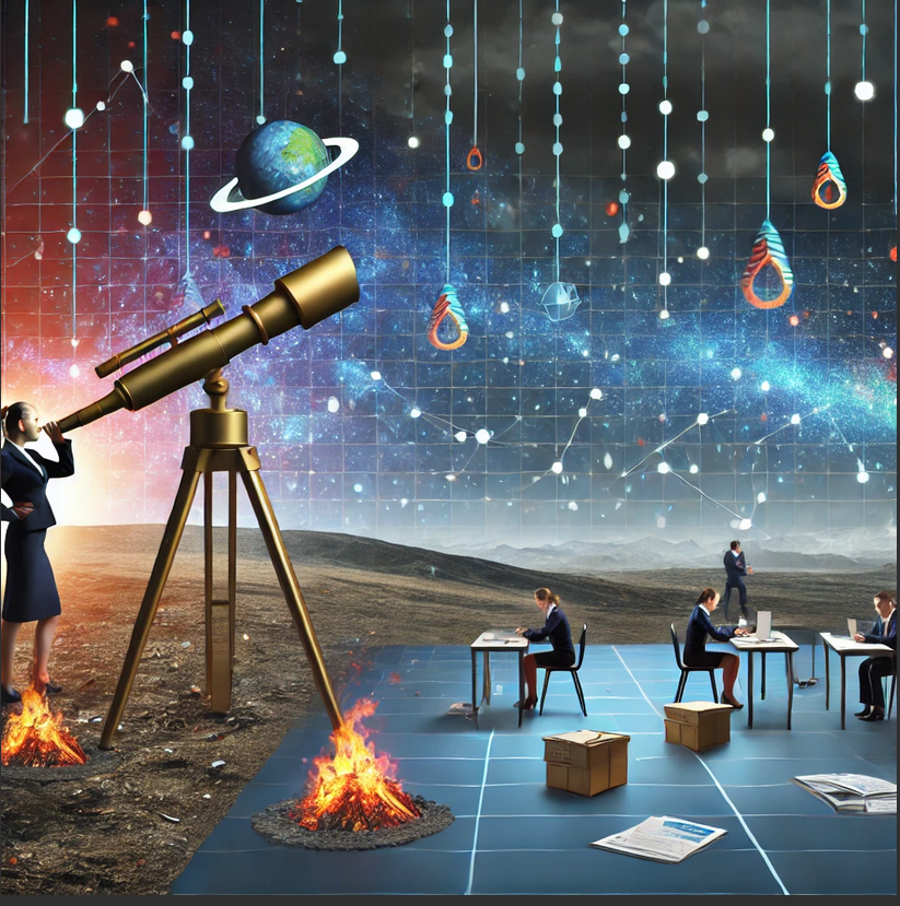Image 9: une entreprise équipée de télescopes et de cartes futuristes, regardant loin dans l'horizon pour anticiper les tendances, en contraste avec d'autres entreprises qui se contentent de résoudre des problèmes immédiats, dans un style futuriste et inspirant